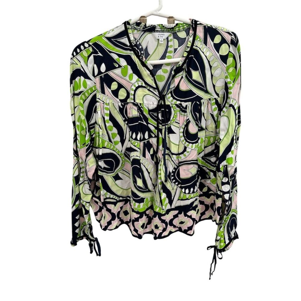 Crown & Ivy Women's S Paisley V-Neck Blouse with Velvet Ties